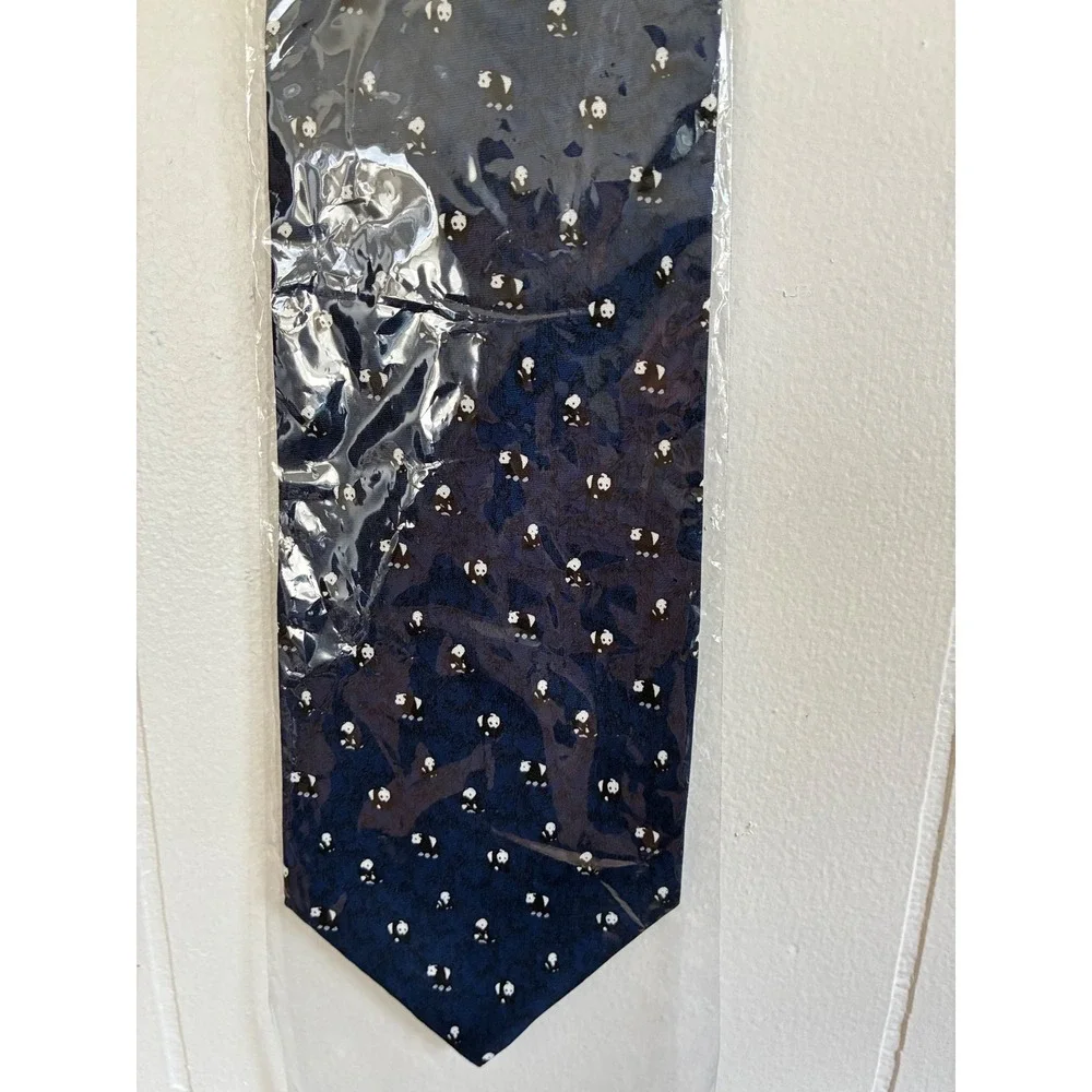 Hangzhou Silk Mens Navy Blue Panda Print 100% Silk Necktie Whimsical Novelty Tie